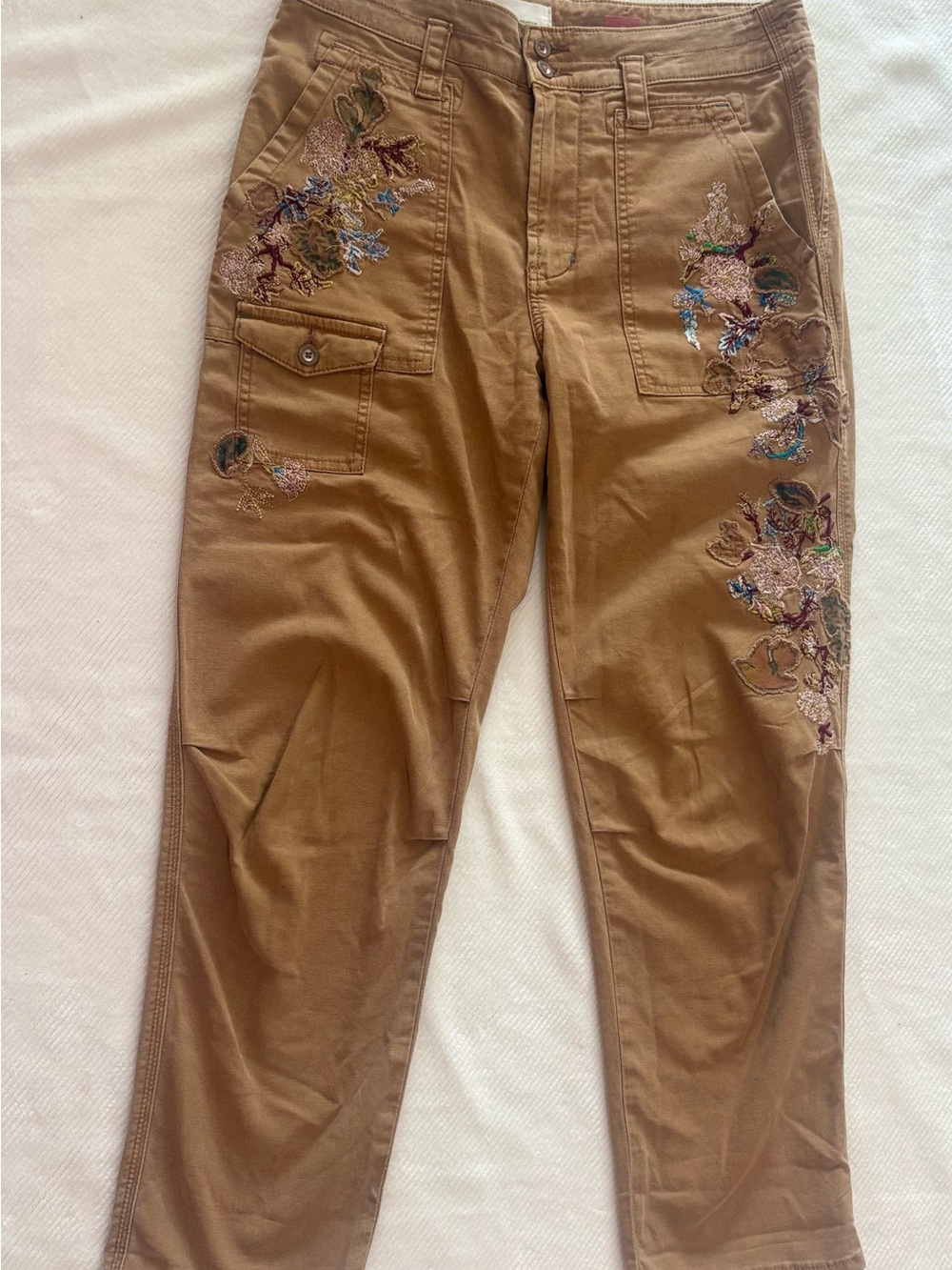 Anthropologie Brown Embroidered Cargo Pants